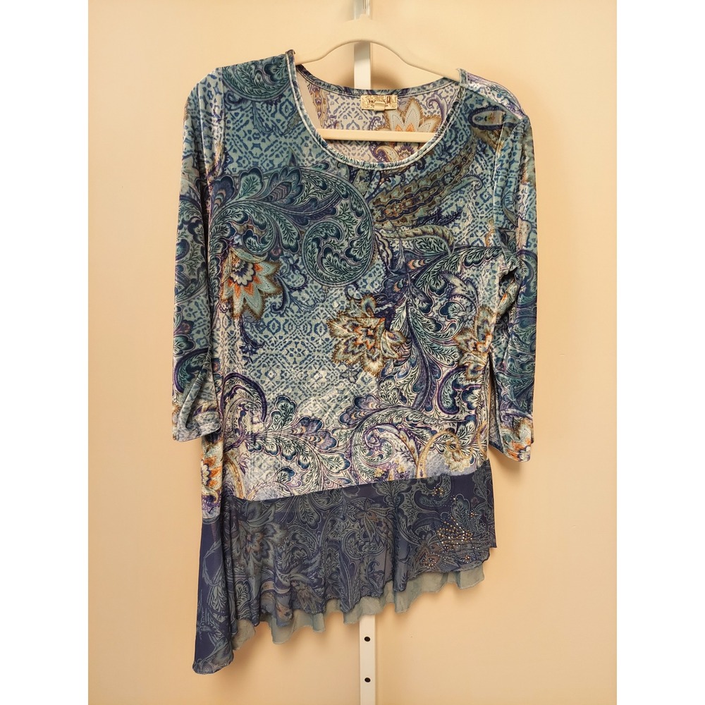 One World‎ Paisley Velvet Mesh Asymmetrical Tunic Top  Rhinestone M Boho Artsy